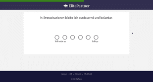 Eines der Aushängeschilder von ElitePartner - der wissenschaftliche Persönlichkeitstest. Überspringen kannst du ihn nicht. Aber keine Sorge,  er ist weitestgehend intuitiv gehalten und besteht beispielsweise aus Ankreuzaufgaben.