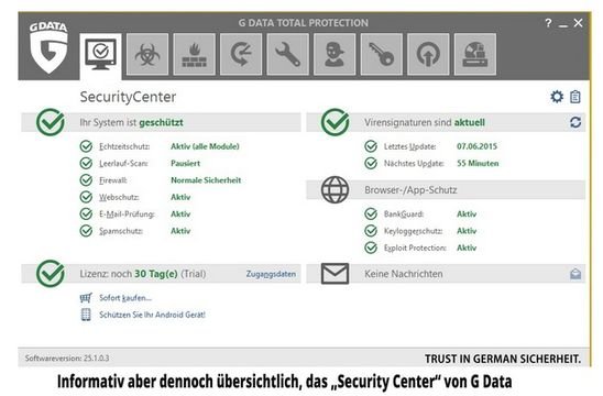 Das Hauptmenü von G Data Total Protection