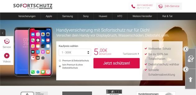 Die Startseite von Sofortschutz mit dem individuellen Tarifrechner