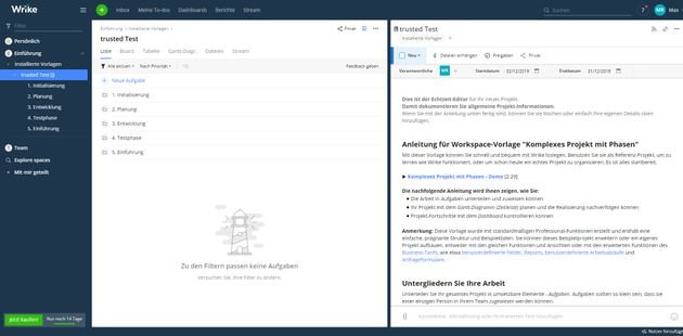 Die Listenansicht von Wrike zeigt Ihnen übersichtlich die anstehenden Aufgaben als Liste