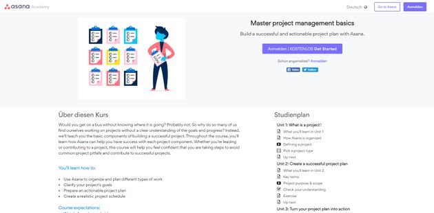 In der Asana Academy finden Sie umfassende Tutorials zu allen wichtigen Basis- und Spezialfunktionen