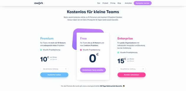 awork ist kostenlos für kleine Teams und für größere Teams in der Premium-Version zu haben