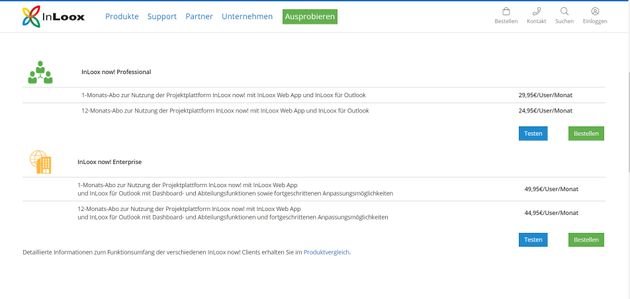InLoox now! gibt es in den zwei Versionen Professional und Enterprise