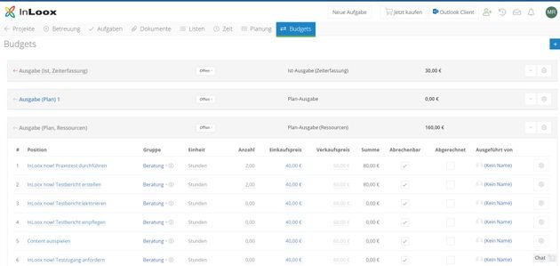 Mit der in InLoox integrierten Budgetierung behalten Sie den Überblick über Soll- und Ist-Zahlen