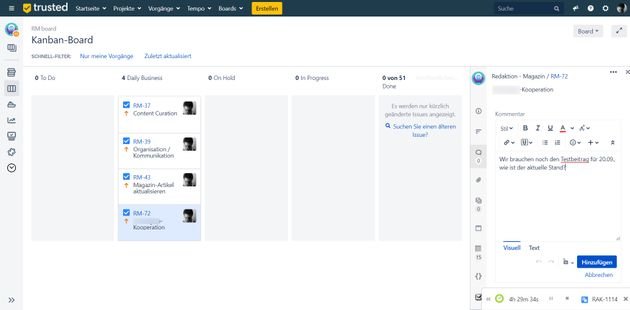 Mithilfe von Kommentaren auf einzelnen Tickets kommunizieren Sie mit Ihrem Team