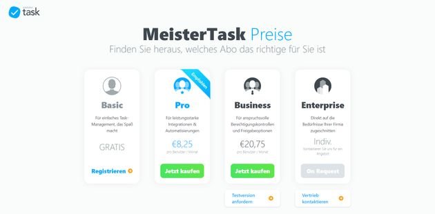 MeisterTask gibt es als kostenlose Basis- oder in den Versionen Pro, Business und Enterprise