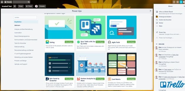Ihre Trello-Boards können Sie mit optionalen Power-Ups aufbohren - zum Beispiel für Statistiken und Reports
