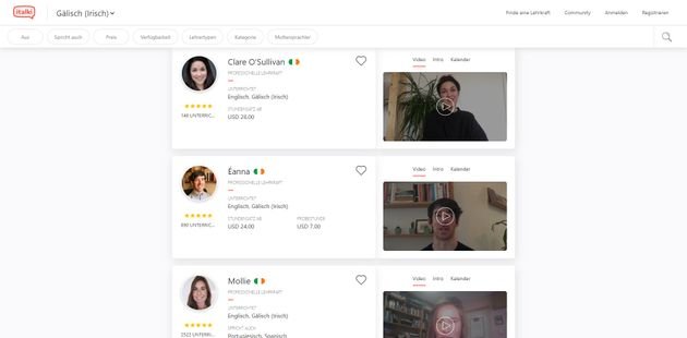 Bei Italki finden Sie professionelle Irisch-Lehrer und irische Muttersprachler für eine Tandem-Partnerschaft