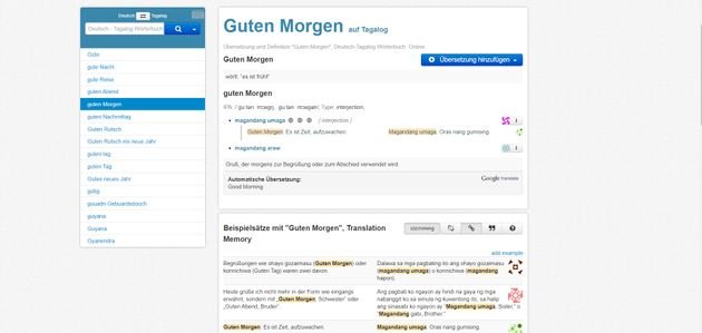 Im Online-Wörterbuch Glosbe finden Sie alle wichtigen philippinischen Wörter mit ihrer deutschen Entsprechung