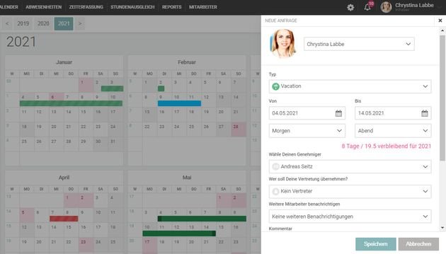 Zudem steht Ihnen ein Urlaubsplaner zur Verfügung, mit dem Ihr Team Urlaube selbstständig planen und Anträge einreichen kann
