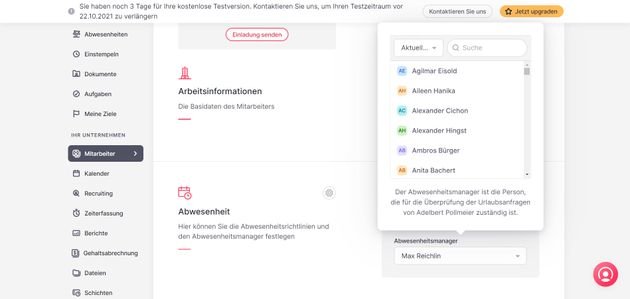 Einzelnen Mitarbeiter:innen weisen Sie in Factorial jeweils einen “Abwesenheitsmanager” zu