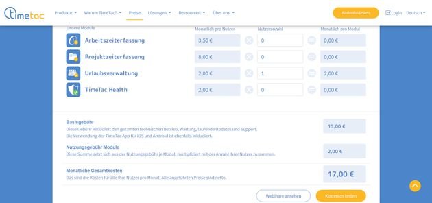 Die TimeTac Urlaubsverwaltung bekommen Sie ab einem Preis von 17 Euro pro Monat, abhängig von der Zahl der User