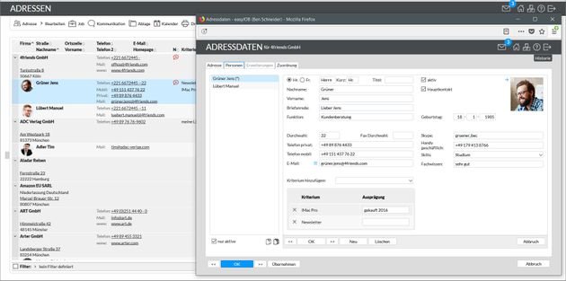 Im integrierten CRM organisieren Sie Adress- und Kontaktdaten von Kunden und Lieferanten