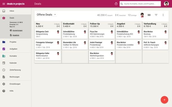 Im Deals-Funnel im Kanban-Style führen Sie Ihre Kontakte ganz einfach durch die einzelnen Phasen