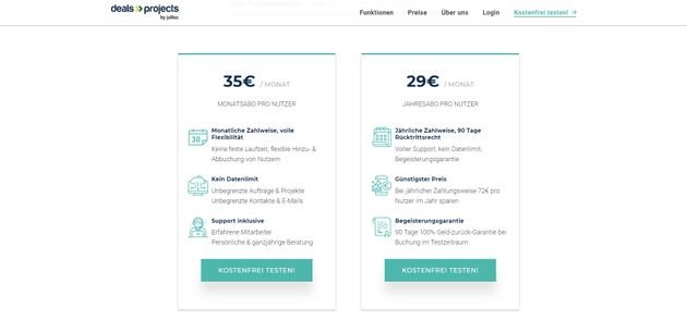 Deals & Projects gibt es entweder als Monats- oder als Jahrespaket. Hier die aktuellen Preise