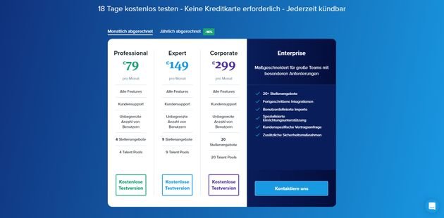 Zwischen rund 80 und rund 300 Euro bezahlen Sie für die Standard-Versionen von Recruitee