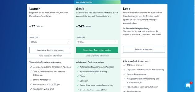 Zwischen 99 und 349 Euro bezahlen Sie in den Standardversionen von Recruitee