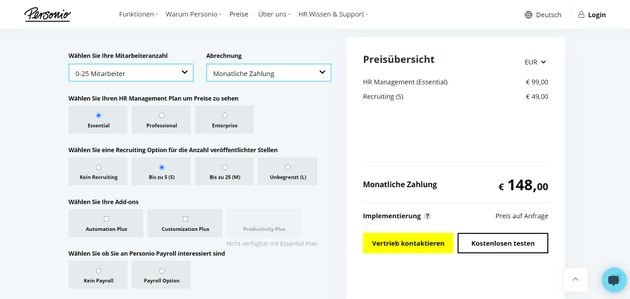 Personio wird in drei verschiedenen Paketen angeboten, die Sie nach Wunsch konfigurieren können