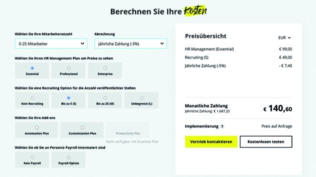 Personio wird in drei verschiedenen Paketen angeboten, die Sie nach Wunsch konfigurieren können