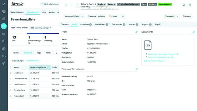 In der Bewerberdatenbank sammeln Sie alle BewerberInnen als digitale Akten