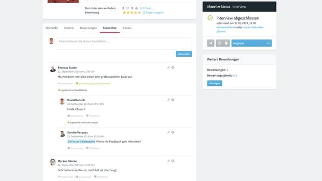 Im Teamchat geben Sie Kommentare zu Ihren Bewerbern ab und tauschen Sie im Team aus