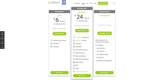 Die Billomat-Tarife SOLO, BUSINESS und ENTERPRISE im Überblick