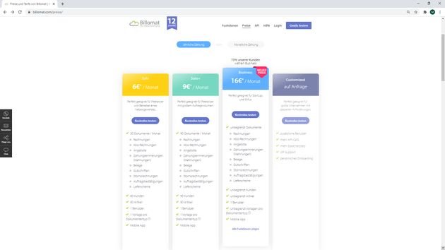Die Billomat-Tarife SOLO, SOLO+, BUSINESS und ENTERPRISE im Überblick