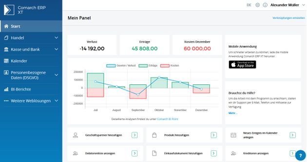 Die Startseite von ERP XT bietet ein übersichtliches Dashboard sowie nützliche Schnellwahl-Buttons