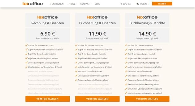 Die drei Rechnungs- und Buchhaltungs-Tarife von lexoffice
