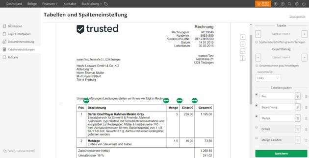 Der Rechnungseditor von lexoffice wirkt zunächst recht komplex, erschließt sich aber schnell
