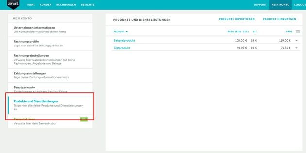 Die Produktdatenbank ist in Zervant ein wenig versteckt - anders als etwa die Kundendatenbank