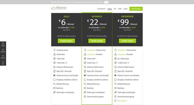 Das dreigeteilte Tarifsystem von Billomat im Überblick