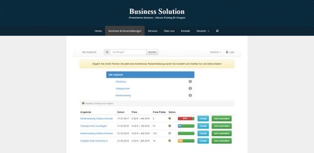 Eine Demo-Seite von edoobox zeigt, wie Ihre Seminarübersicht auf Ihrer Website aussehen könnte