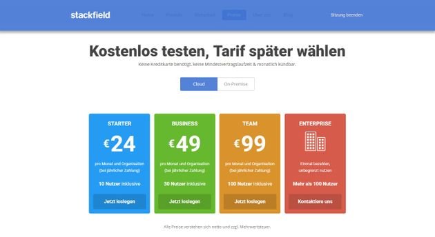 Die einzelnen Cloud-Tarife von Stackfield im Überblick