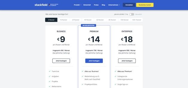 Die einzelnen Cloud-Tarife von Stackfield im Überblick