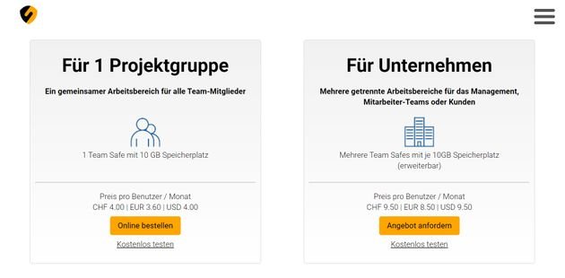 Die beiden SecurSafe-Business-Pakete für einzelne Projektgruppen und Unternehmen