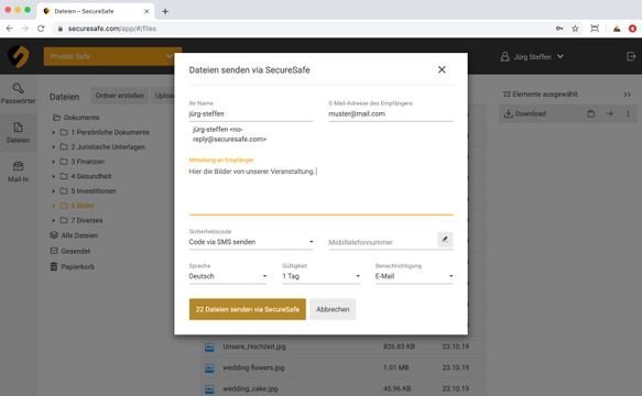 Dateien senden Sie mit SecureSafe per Mail und mit optionalem Sicherheitscode