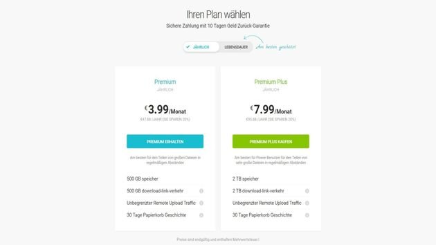Die monatlichen Kosten für die kostenpflichtigen Versionen pCloud Premium und Premium Plus