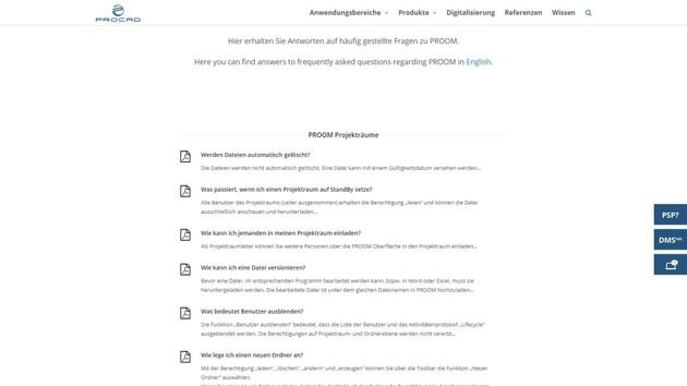 Der aufgeräumte FAQ-Bereich klärt die wichtigsten Fragen und lässt sich direkt in PROOM öffnen
