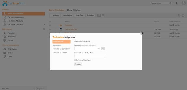 Bei Your Secure Cloud teilen Sie Dateien per Link oder Mail - je nach Gusto