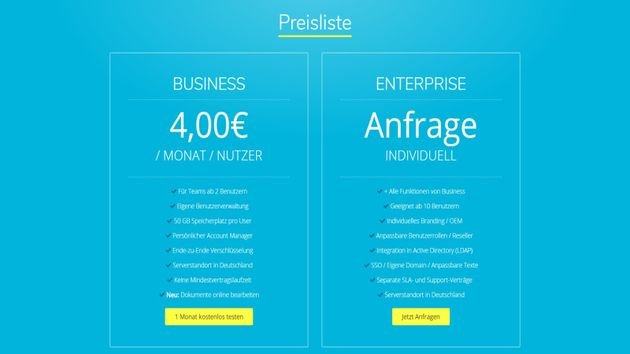 Die Preise von Your Secure Cloud für Business-Kunden im Überblick