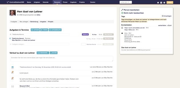 So sieht ein Kontaktprofil bei CentralStationCRM im Detail aus