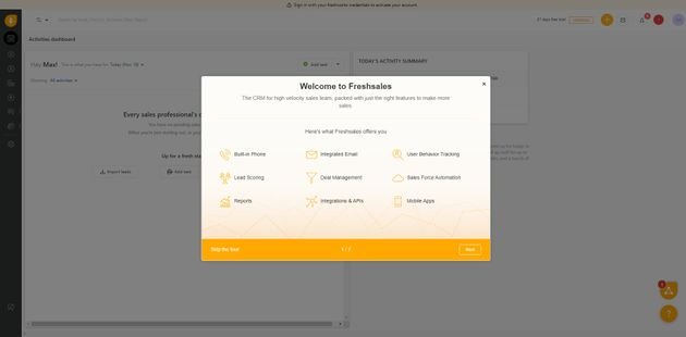 Ein kleines Tutorial begrüßt Sie beim ersten Start von Freshsales