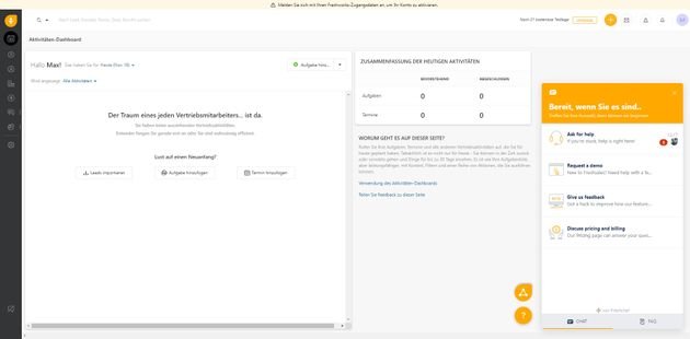 Direkt aus Freshsales haben Sie Zugriff auf den Support-Chat, der 24 Stunden für Sie besetzt ist