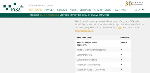 Die Preise für PiSA sales CRM starten bei rund 60 Euro pro Nutzer und Monat