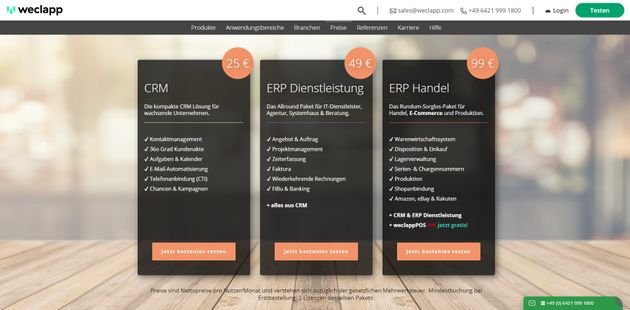 Vom reinen CRM über ERP-Systeme für Dienstleister und den Handel hat weclapp eine große Bandbreite