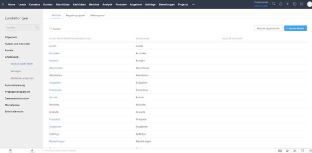 Die verfügbaren Module lassen sich alle anpassen oder um neue individuelle Module erweitern