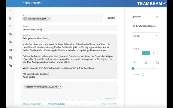 Laden Sie einfach Ihre Dateien hoch, formulieren Sie ein individuelles Anschreiben und verschicken Sie Ihren Download-Link