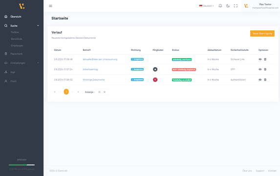 Mit vaulticx haben Sie Ihre geteilten und verschickten Dateien stets im Blick, dank der übersichtlichen Benutzeroberfläche