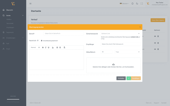 Verschicken Sie Dateien schnell und einfach mit einer persönlichen Nachricht, einer individuellen Sicherheitsstufe und einem selbstgewählten Ablaufdatum